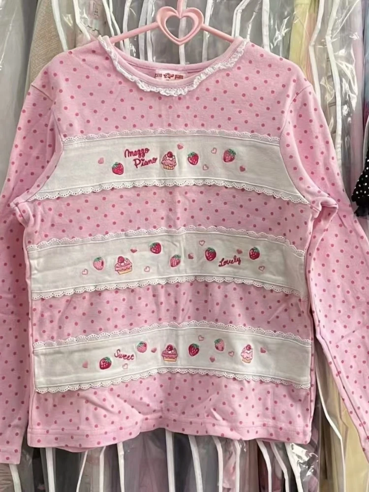 

Y2k Tops Sweet Strawberry Long Sleeved Tshirts Women Clothing Polka Dot Fashion Cute Tees 2025 Ropa Mujer Fashion Crop T Shirt