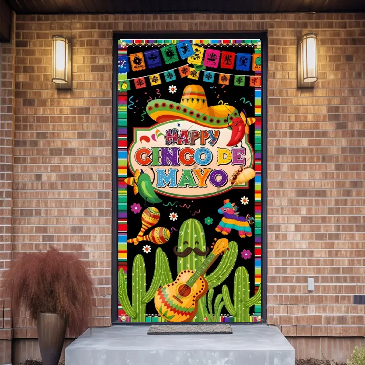 Mexican May Festival Party Backdrop Door Decor Colorful Hat Guitar Cactus Photo Banner Mexican Carnival Festival Party Supplies