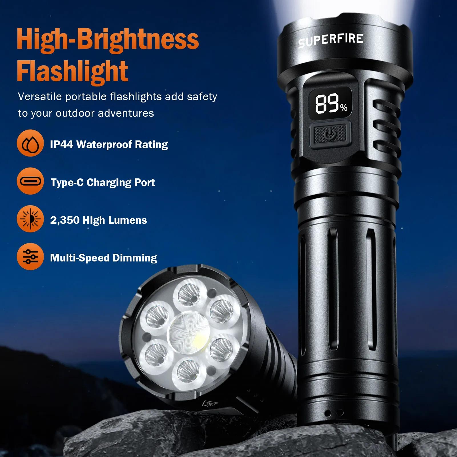 SUPERFRIE L24 35W Multi-gear Seven LED Beads Flashlight Rechargeable Torch Battery Multifunctional Work light Percentage Display