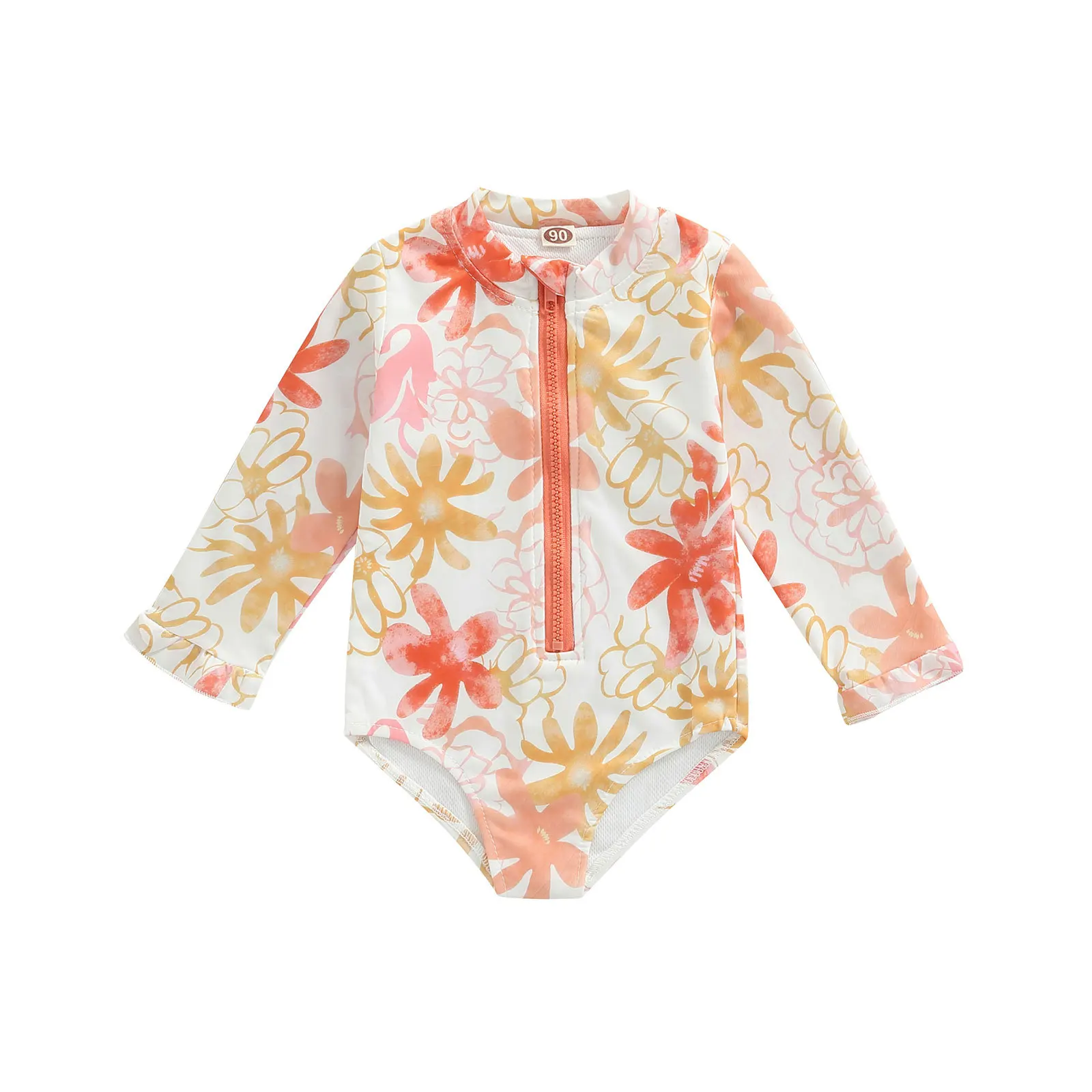 Girls One-piece Rainbow Swimsuit Kids Cartoon Print Sun-protective Long Sleeve Quick-Dry Triangle Swimwear Baby Bathing Suit