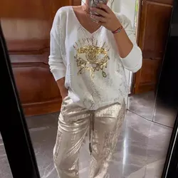 Trendy Gold Shining Eye Print Casual Sets Women 2024 Autumn Long Sleeve Pullover Sweatshirt &Glittery Pants Set Two 2 Piece