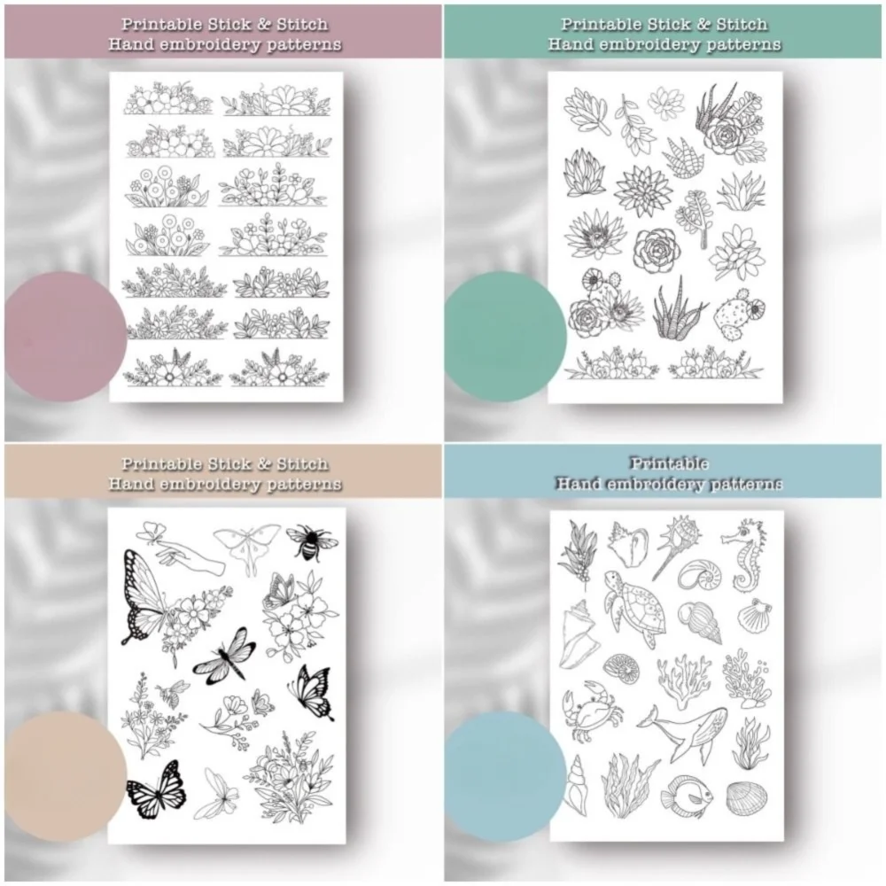 Flowers and Ocean Embroidery Pattern Stitching Embroidery Paper DIY Handmade Hand Sewing Stabilizers Hand Sewing Crafts