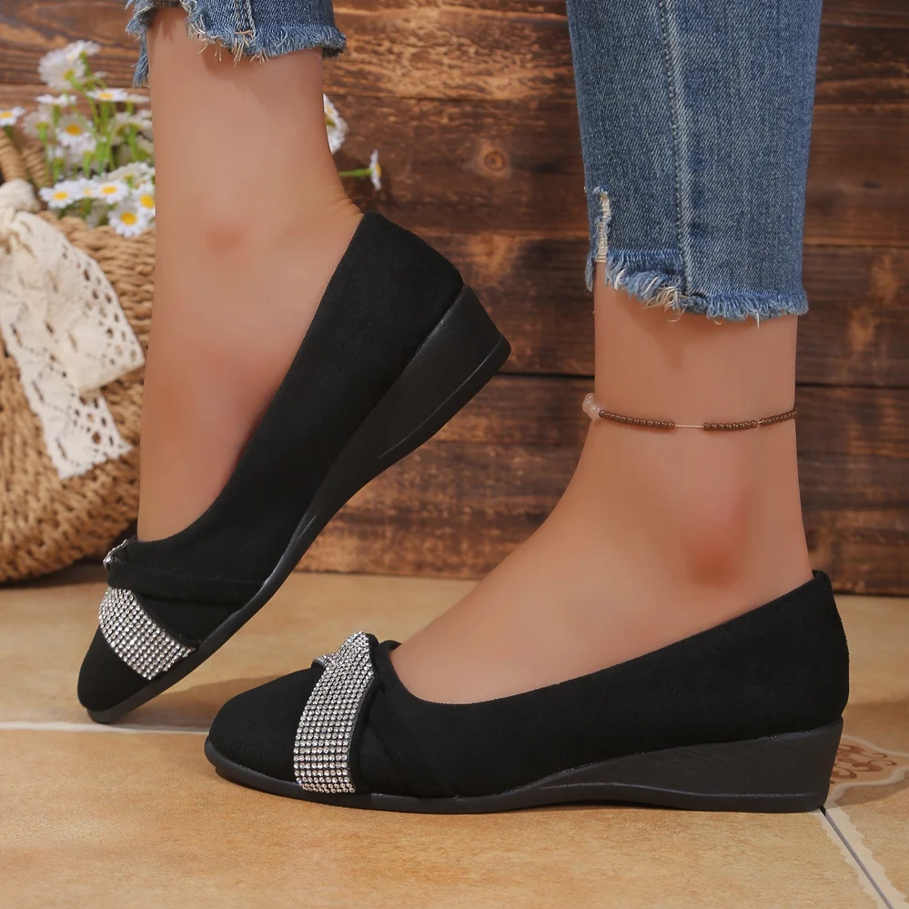 Damen-Keilabsatzpumps mit Strass-Schleife, geschlossener Zehenbereich, Slip-On-Plattform, dicker Absatz, lässige Damenschuhe, große Größen – Detail 31
