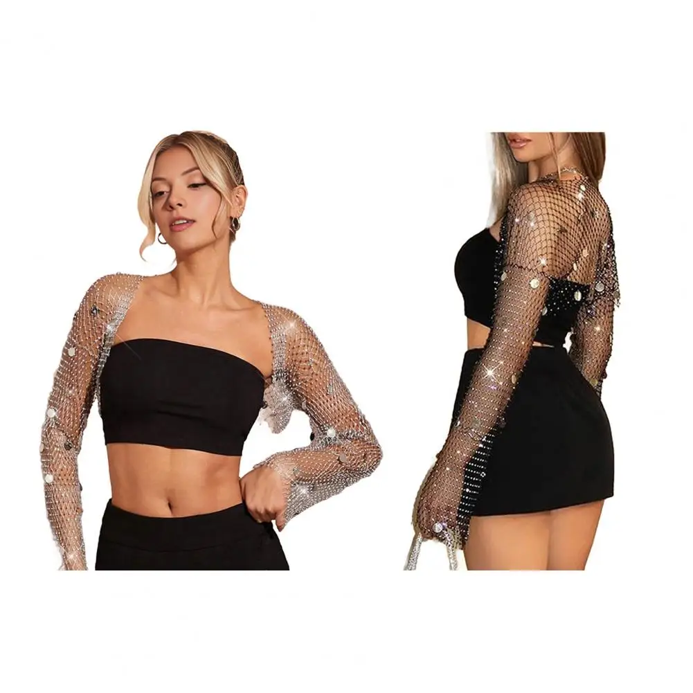 

Женская прозрачная сетчатая укороченная кофта с длинным рукавом, кардиган для вечеринок, с пайетками и стразами, сетчатый укороченный топ-шарф