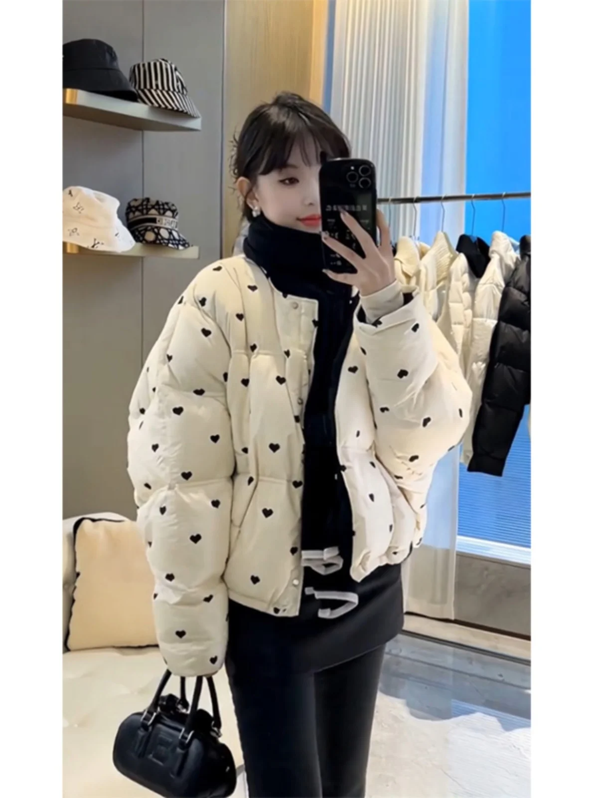 Winter Short Thickened Bread Style down Cotton Jacket Women's Coat Warm Heart Print Korean Version Loose Fit Long Sleeve