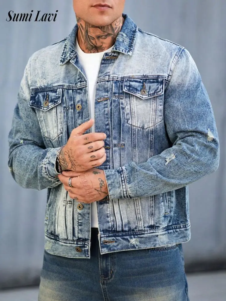 Motorcycles Mens Fashion Jean Jacket Vintage Button-up Lapel Slim Denim Jackets For Men Autumn Stylish Long Sleeve Ripped Coats