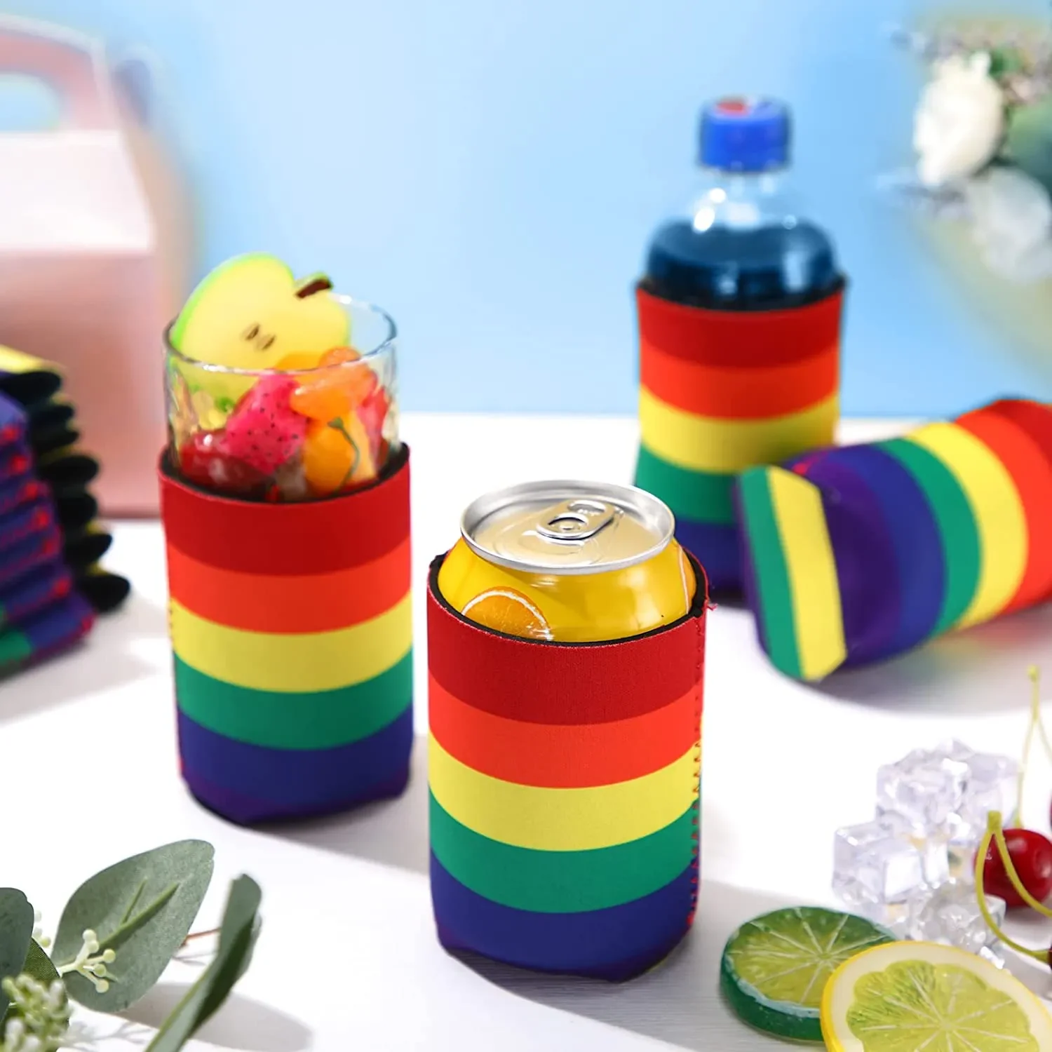 50Pcs Rainbow Pride Can Coolers Sleeves Reusable Neoprene Beer Drinking Can Sleeve for Birthday Rainbow Themed Party Supplies