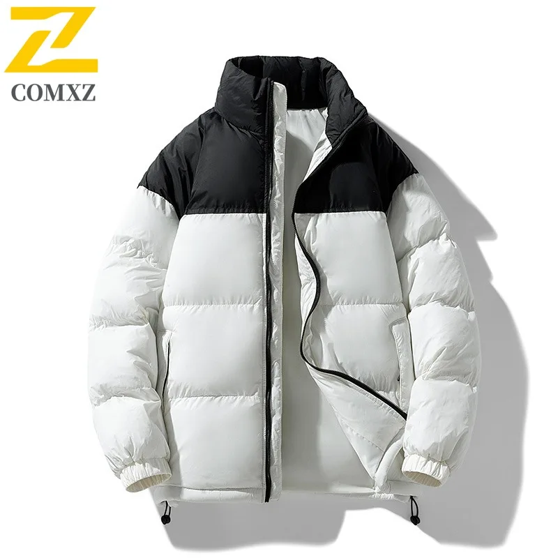 COMXZ 2025 Mens Autumn Stand Collar Jacket American Style Casual Plus Size Outdoor Sports Windproof Down Cotton Padded Coat