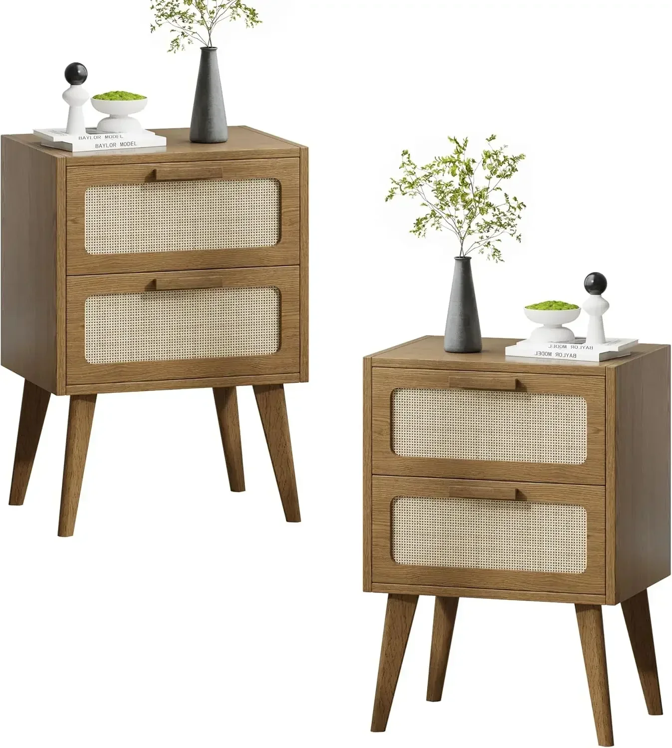

Hot salesNightstand Set of 2,Mid Century Modern Bedside with Drawers,End Table, Side Table with 2 Hand Made Rattan Decorated Dra