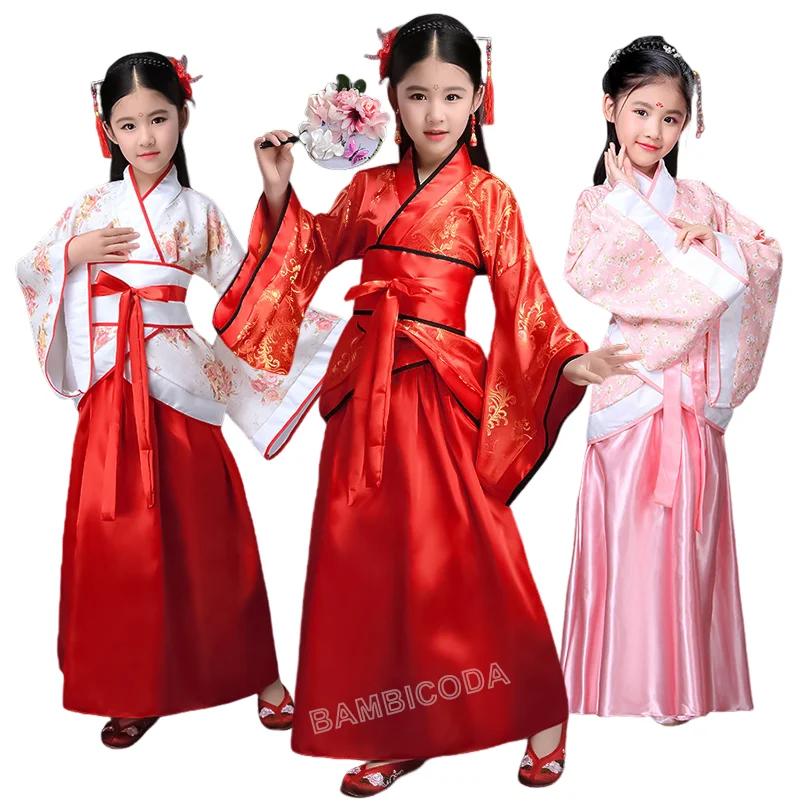 

Chinese Hanfu Ancient Girl Dress Kids Traditional Kimono Ethnic Fan Student Choir Japanese Dance Costume Yukata Kimono Style
