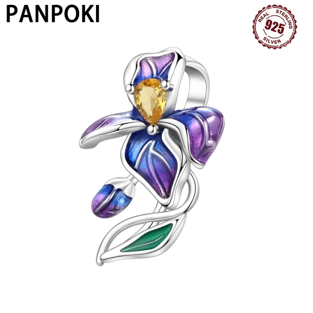 PANPOKI 925 فضة الأزرق الأرجواني القزحية زهرة الخرز المعلقات الأصلية سوار حلية مجوهرات حفلة لتقوم بها بنفسك الهدايا العصرية #1