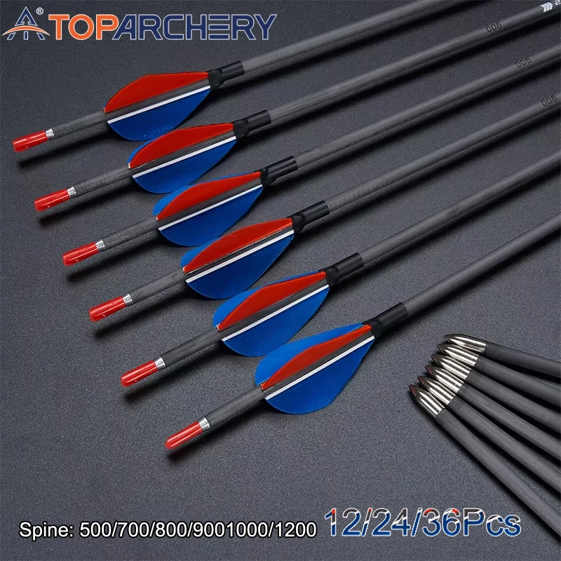 Toparchery Real Feather Pure Carbon Arrows,Id 4.2mm, Spine 500/700/800/900/1000/1200, Hunting Bow Arrow Accessories,12/24/36pcs