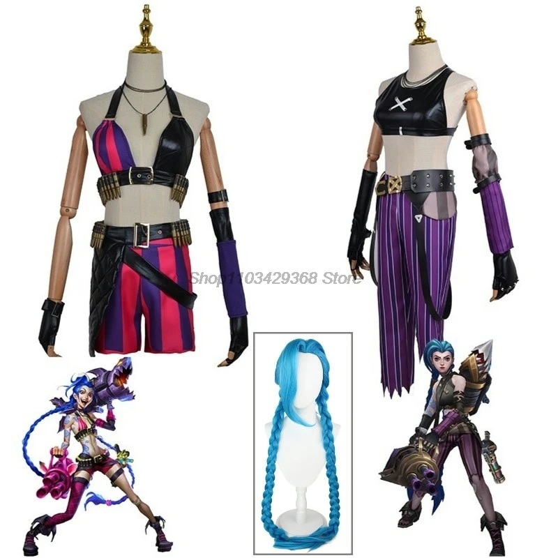 LOL Jinx Cosplay Costume Anime LOL Arcane Jinx Cosplay Uniform Outfits 130cm Wig Halloween Carnival Suit High Quality Costume