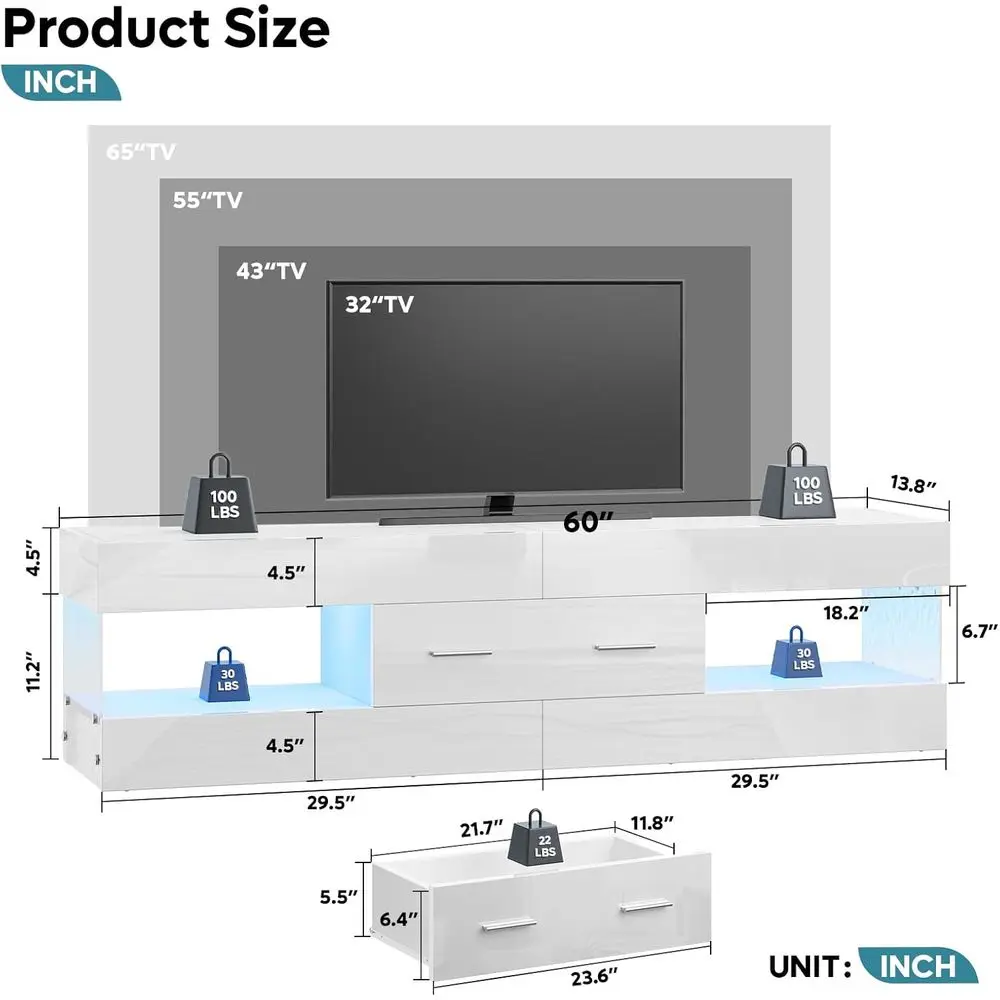 60 Inch White ern TV Stand, LED Entertainment Center ole | its up to 65 in TV, High Gloss White with Stone , Large Storage Der &