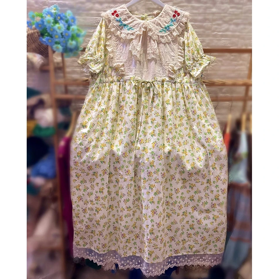 

Summer Vintage Cotton Patchwork Lace Sweet Lolita Long Midi Dress 2024 Mori Girl Retro Shabby Chic Victorian Rococo Tunic Dress