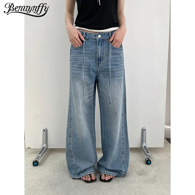 

Benuynffy Vintage Tie Mid Waisted Straight Jeans Women 2026 Spring New Korean Fashion Loose All-Match Female Wide Leg Trousers