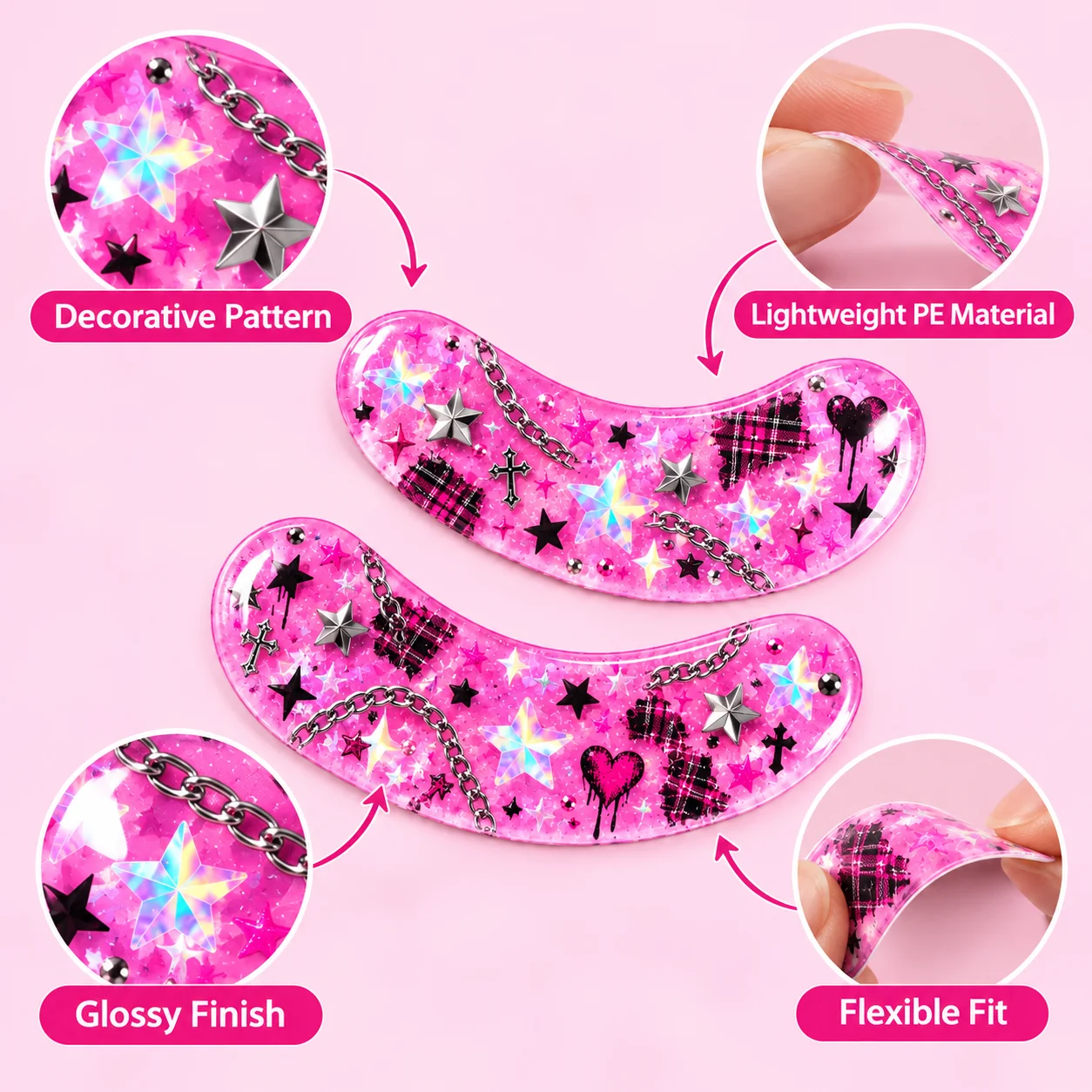 10/5/1 Pairs Y2K Punk Under-Eye Stickers, Pink Plaid Star & Chain Decorative Eye Patches for Cosplay, Party Makeup & Festivals