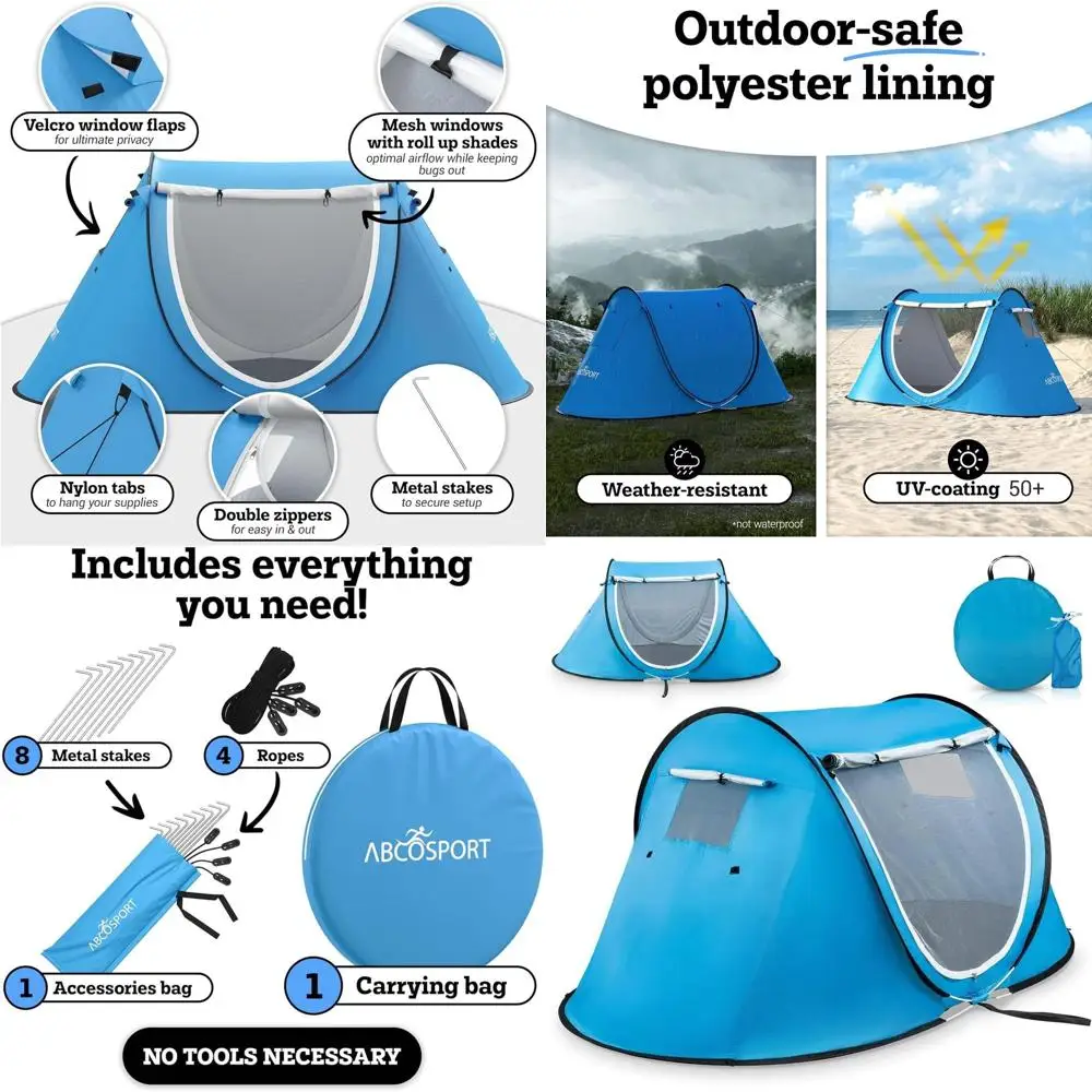 

2-Person Portable Pop-Up Tent with Double Doors, Water-Resistant, UV Protection, Foldable, Sky Blue, 88.6x47.2x37.4