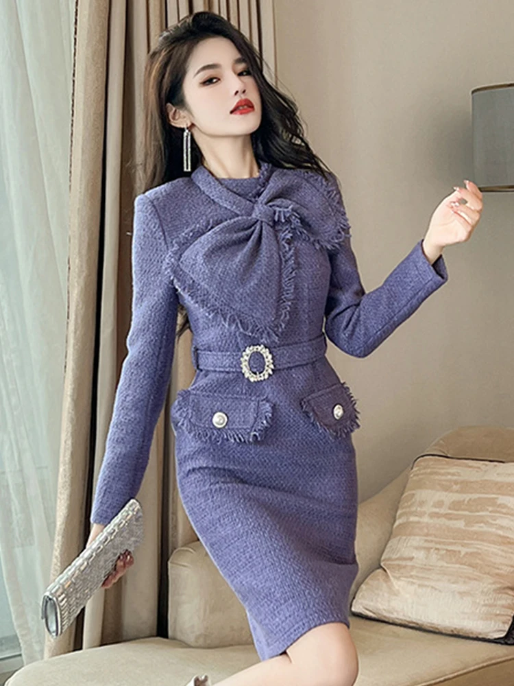 Women\'s Elegant Fashion Midi Dress for Woman Purple Tweed Bright Silk Tassel Belt Robe Professional Business Office Lady Vestiod