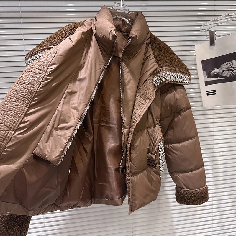 Winter Navy Collar White Duck Down Warm Padded Outwears Women Diamond Plush Cotton Down Jacket Female Cold Proof Down Jacket