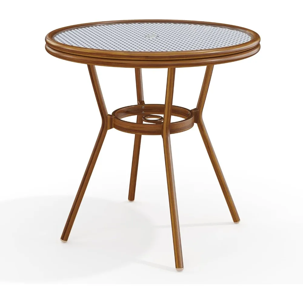 

Lily Pond 31” Round Indoor-Outdoor Bistro Dining Table with Aluminum Frame in Natural Woodgrain and Rattan Top in White/Navy wi