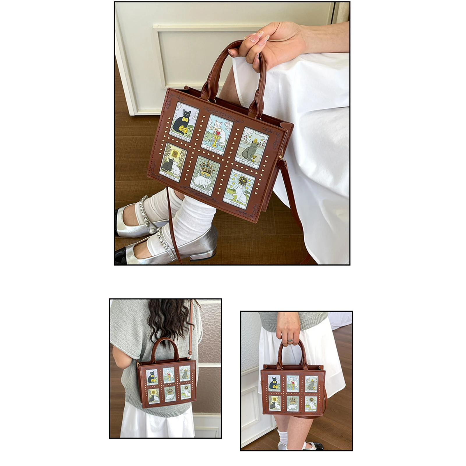 Quadratische Tragetasche für Damen mit verstellbarem Riemen, Umhängetasche aus PU-Leder mit Katzenmotiv und Reißverschluss, Handtasche für Pendler und Verabredungen – Detail 12