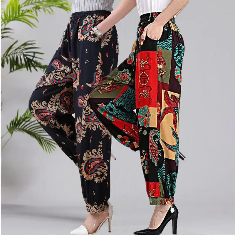 Beach Pants Women Thailand Travel Cotton Silk Loose Large Size Drooping Bohemian Mosquito-proof Wide-leg Lantern Trousers XT1211