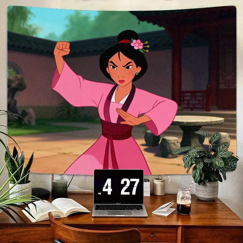 

1 шт., гобелен принцессы Мулан, свирепого воина, розовый полиэстер, настенное искусство, современный эстетический декор комнаты, подарок для фанатов Диснея.