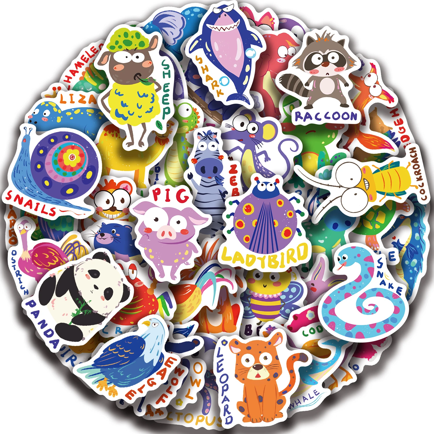

50pcs English animal stickers, exquisite and cool graffiti stickers, laptop cartoon stickers, fun and classic gift decorations