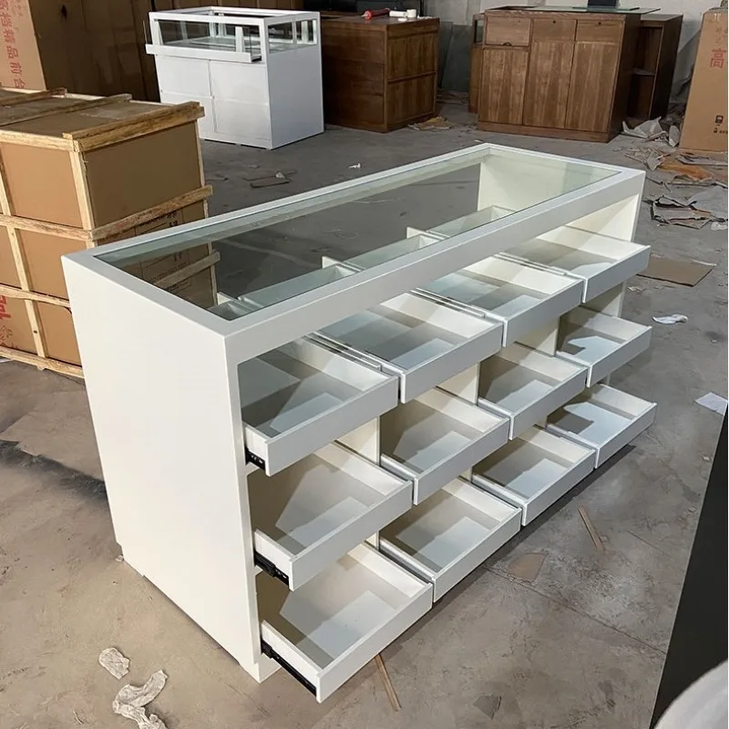 Glass island display stand, jewelry store, shoe store display cabinet, milky white clothing store, assembly table