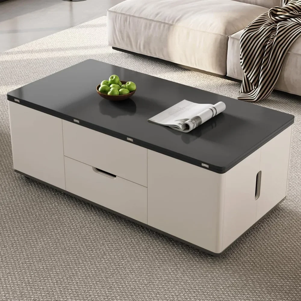 Table basse avec 4 pistes, tables centrales avec rangement GNE, tables de canapé peu encombrantes, table basse relevable