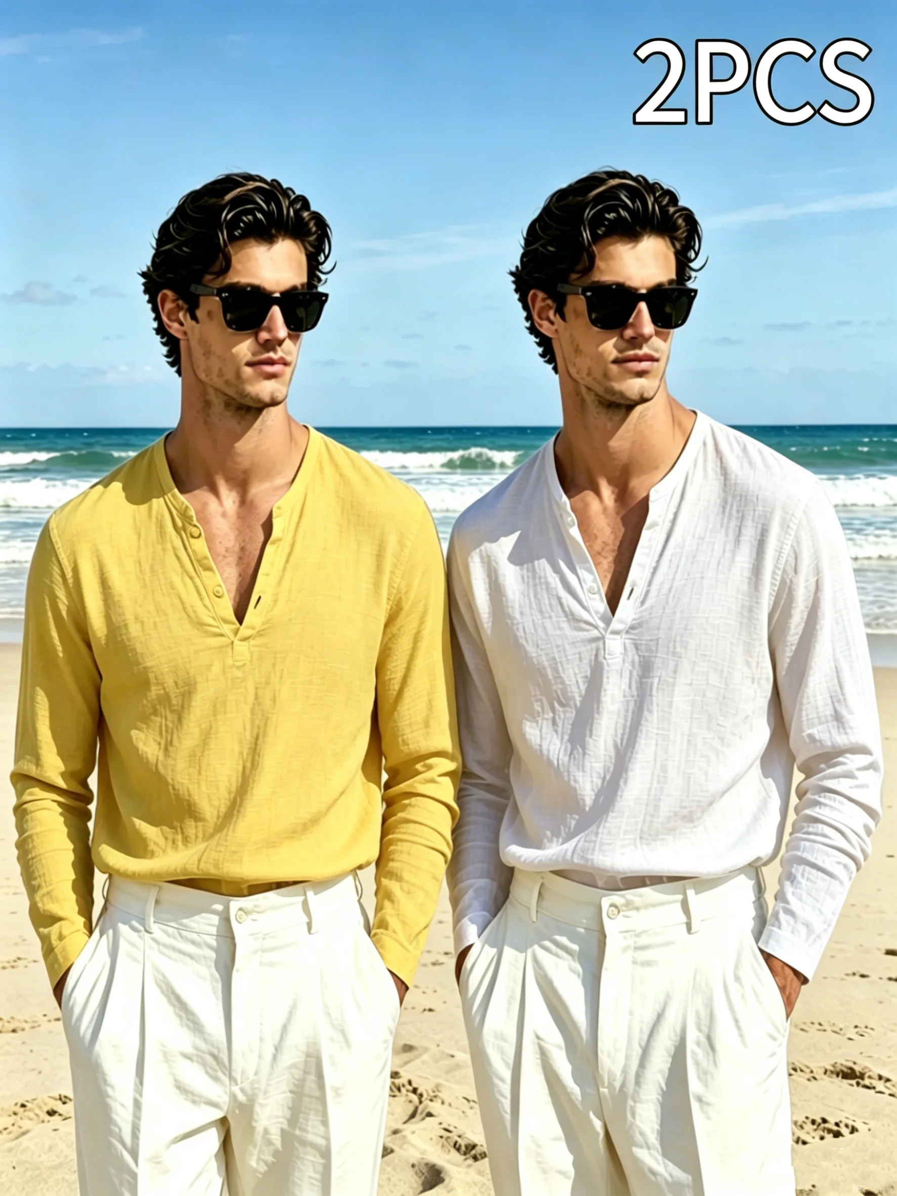 2PCS Men Linen Crinkle Textured Henley Long Sleeve Tops, Half Placket V Neck Lightweight Breathable Shirts, Casual Vacation Blou