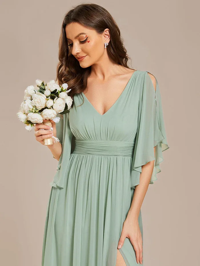 Sempre bonita-vestido de dama de honra chiffon plissado, cor verde, v pescoço, cinto, fenda alta