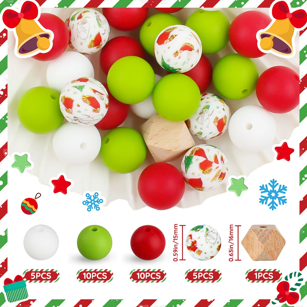 31pcs 15mm Silicone Beads Round Patterned Beads Christmas Style Set DIY Christmas Pendant Party Decorations For Keychain Making