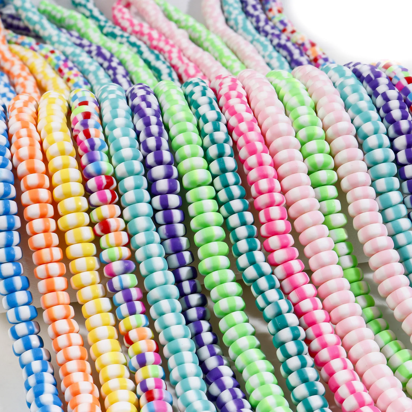 8mm Multicolor Polymer Clay Beads Flat Round Stripe Pattern Loose Beads DIY Necklace Jewelry,2Strands (Approx 110PCs/Strand)