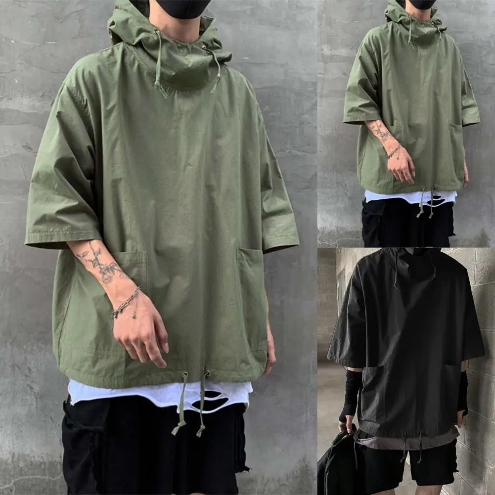 Men's Pullover Hooded Half Sleeve Jacket Top with Big Pocket Solid Color Dress-up Polyester Men Hooded T-Shirt Pullover Top