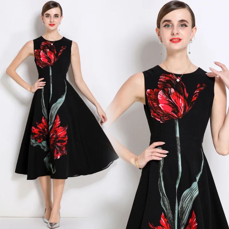 

Hebden Sle Vintage Bla Slim Fit Print Svel A-Line Dr High Waist Retro Dr Women's Faion Autumn Thiened Pol...