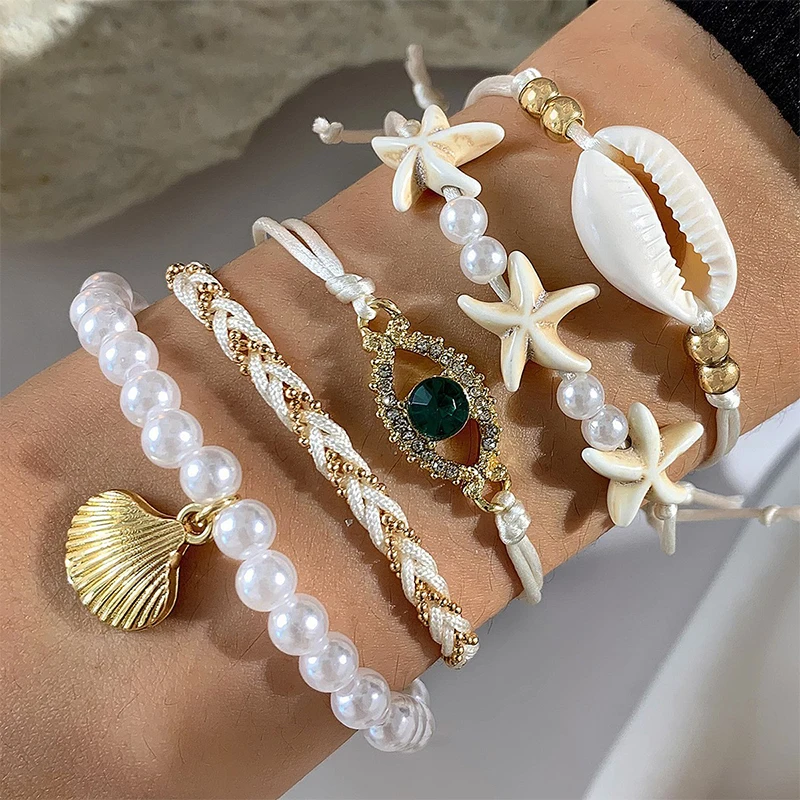 1Set Fashion Bohemian Starfish Shells Beaded Bracelets For Women Girls Ethnic Style Beach Bangles Jewelry Accessories Gifts