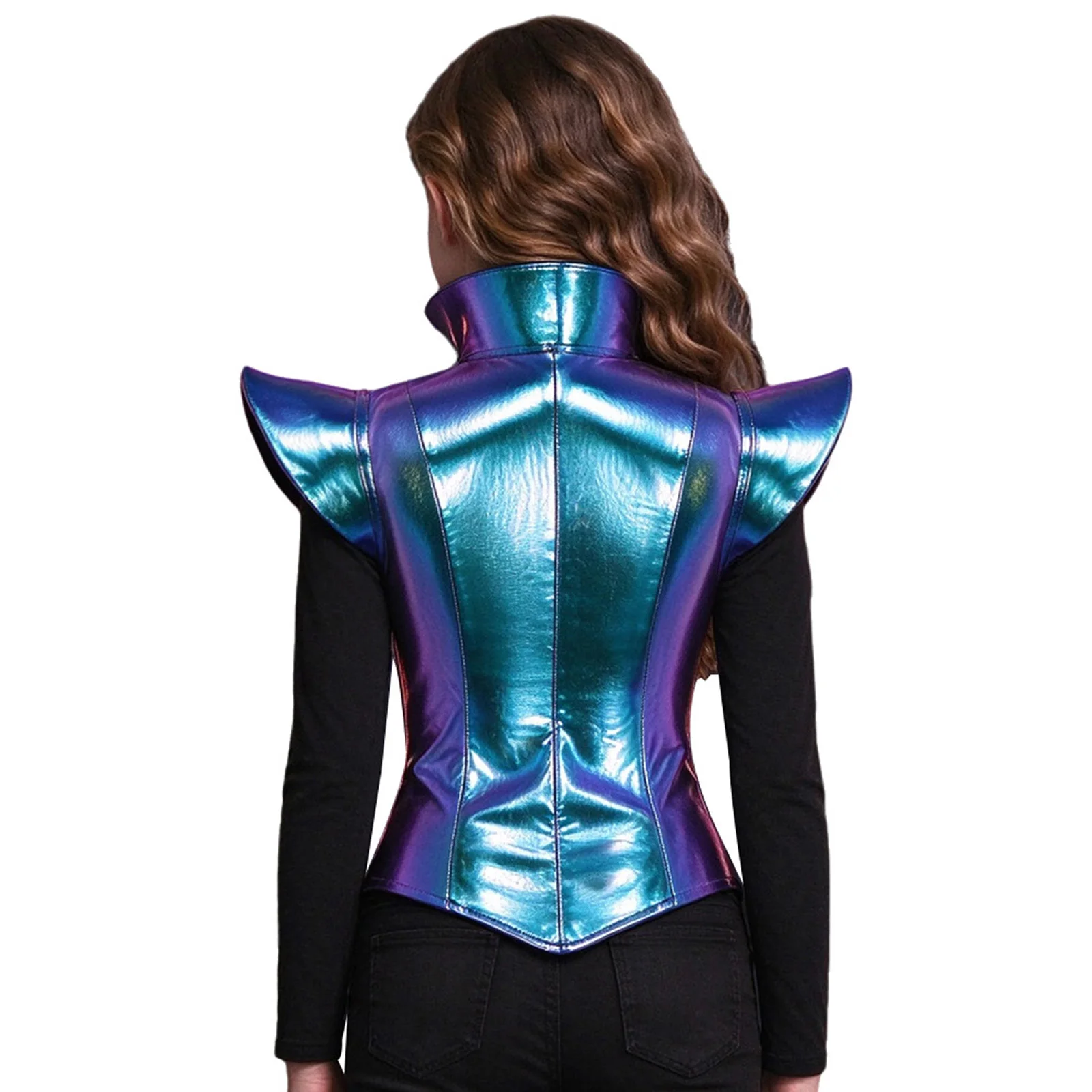 Girls Metallic Armor Shrug Hip Hop Jazz Dance Top Cap Sleeves Stand Collar Cutout Front Zipper Slim Fit Tops for Carnival Party