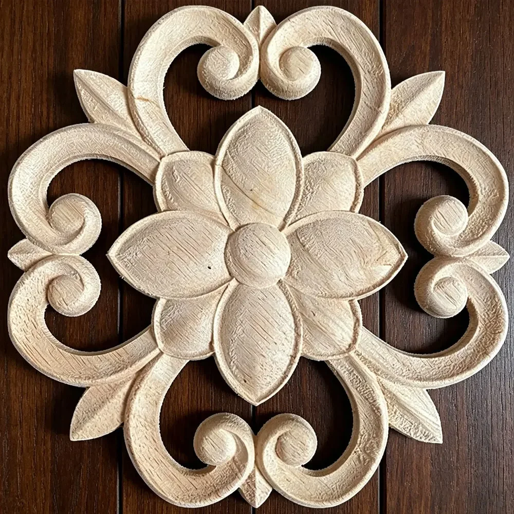 20cm Unique Natural Wood Carved Onlay Floral Wooden Figurines Crafts Corner Appliques Frame Door Furniture Decor Wood Carving