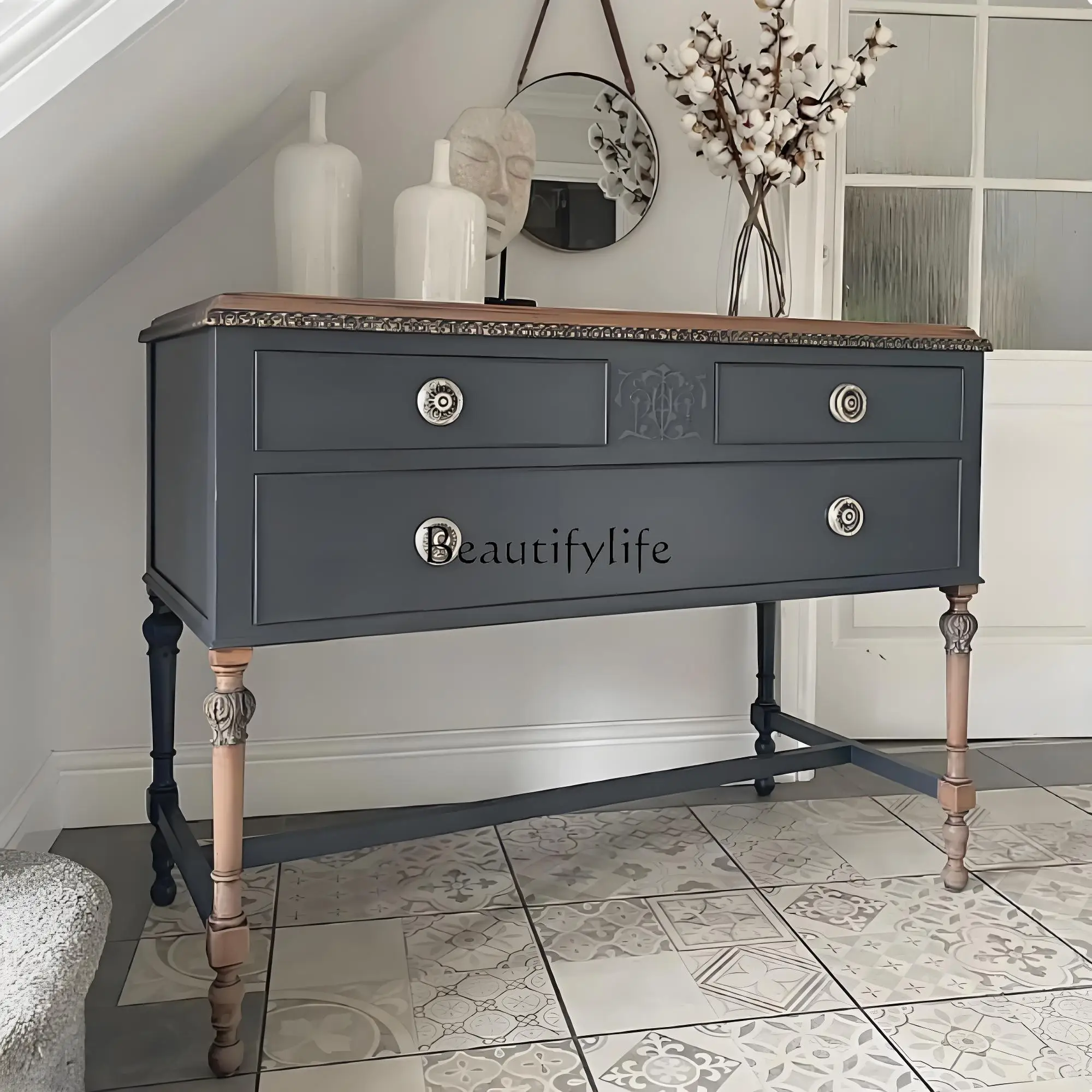 

French Retro Solid Wood Sideboard American Light Luxury Small Living Room Storage Entryway Entryway Side Cabinet