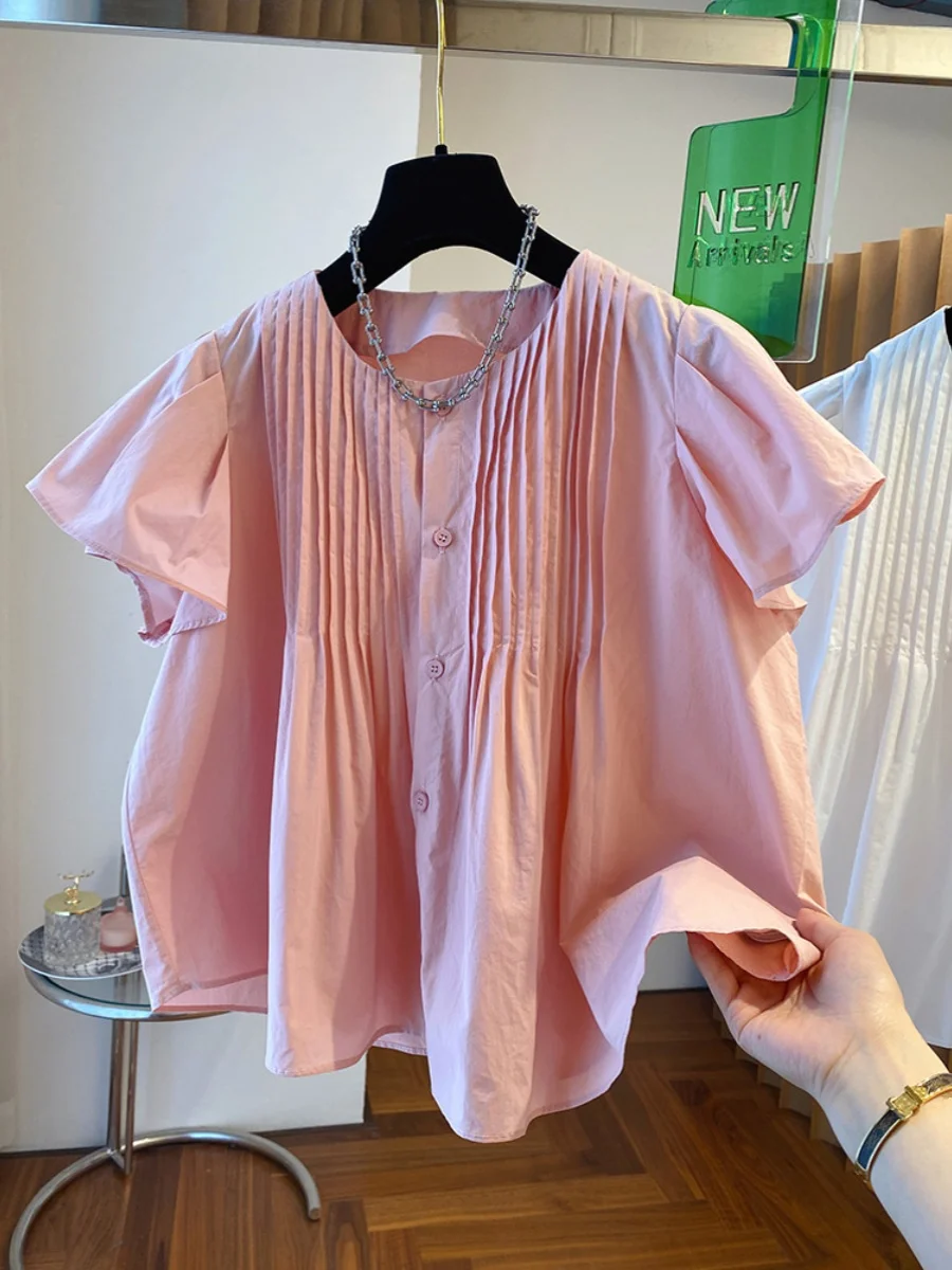 

Sweet Loose ort Doll irt Женский летний дизайн Pred Pleat Flng Sve Топ Корейский Sle круглый Ne Застежка на пуговицы