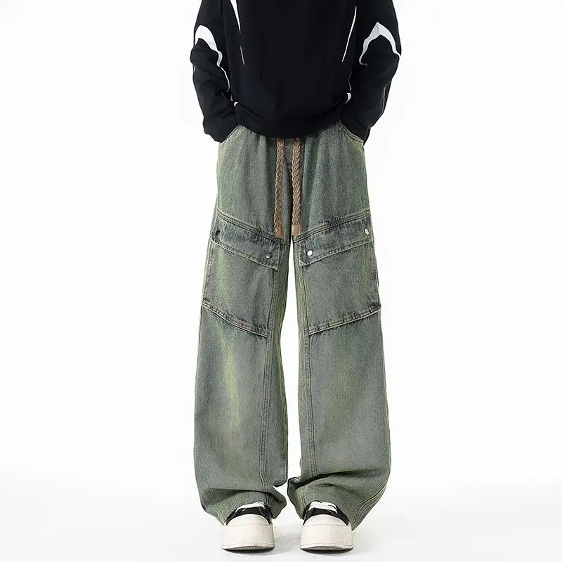 بنطال جينز رجالي مقاس كبير كاجوال أمريكي واسع الساق مع جيوب متعددة بنطال عمل عصري ومتعدد الاستخدامات