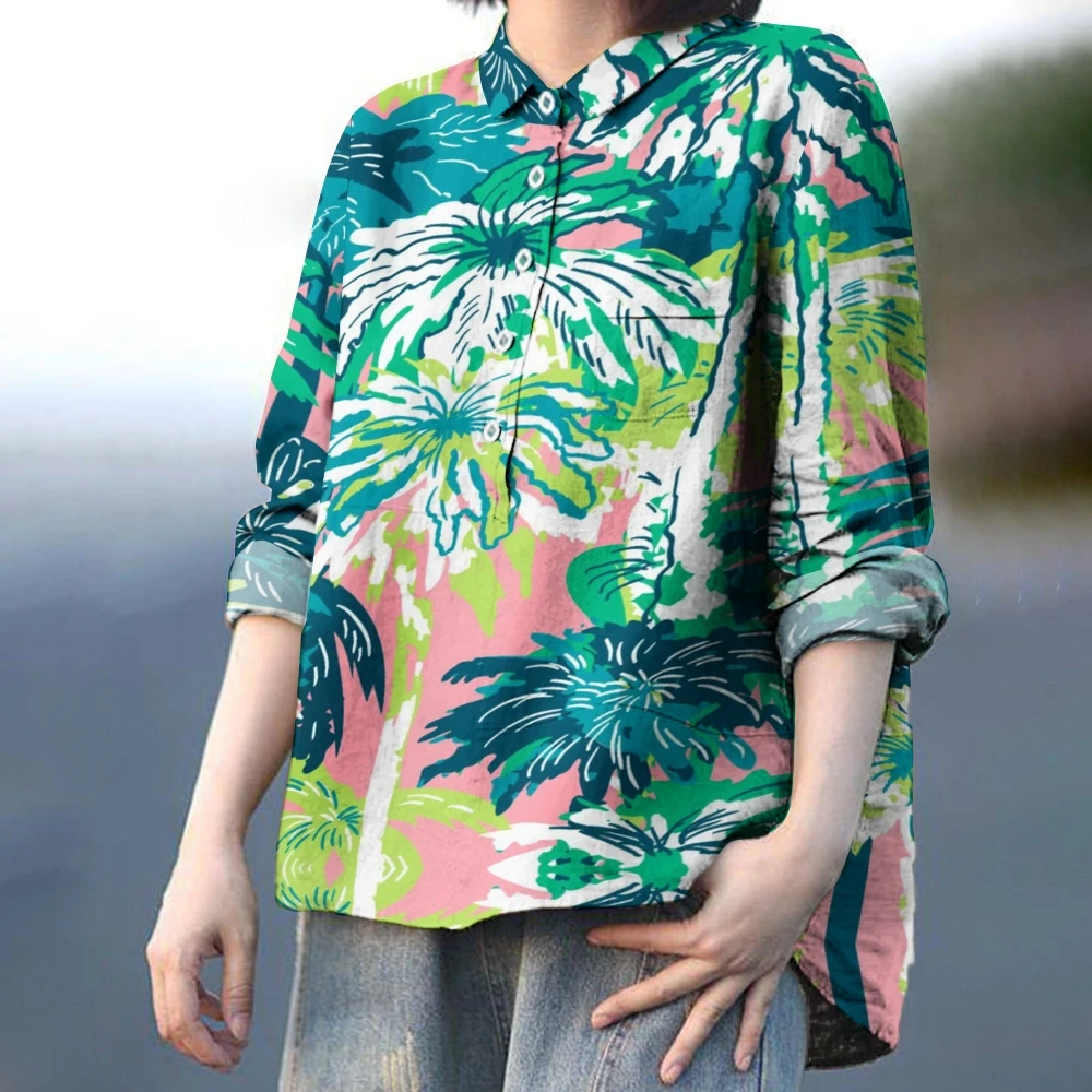 

Traf-Women's Green Leaf Print Lapel Shirt, Long Sleeve Blouse, Casual, Loose, High Quality, Trend, Beach, Vacation, New