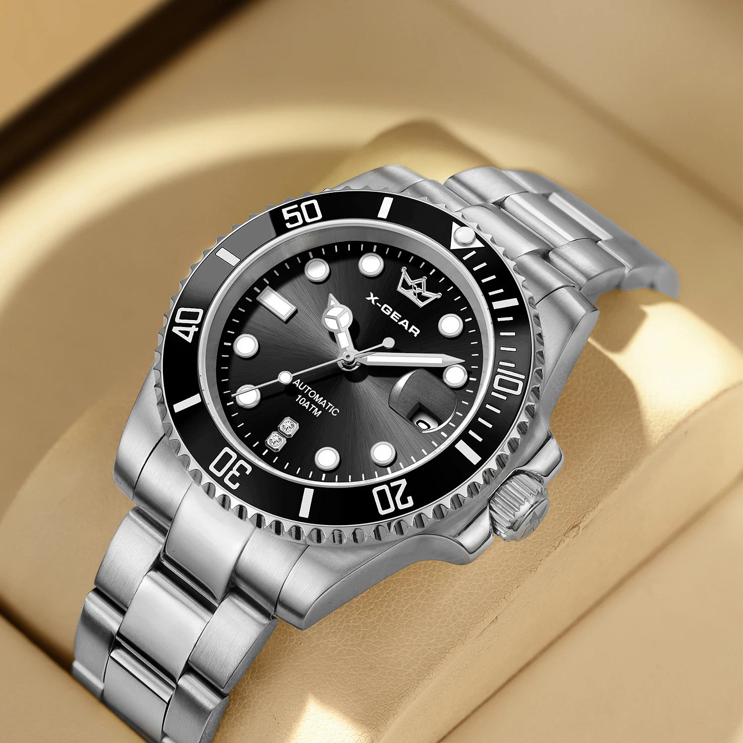 

X-GEAR Men's Mechanical Movement Classic Water Ghost Watch with Calendar Magnifier Stainless Steel Ceramic Bezel