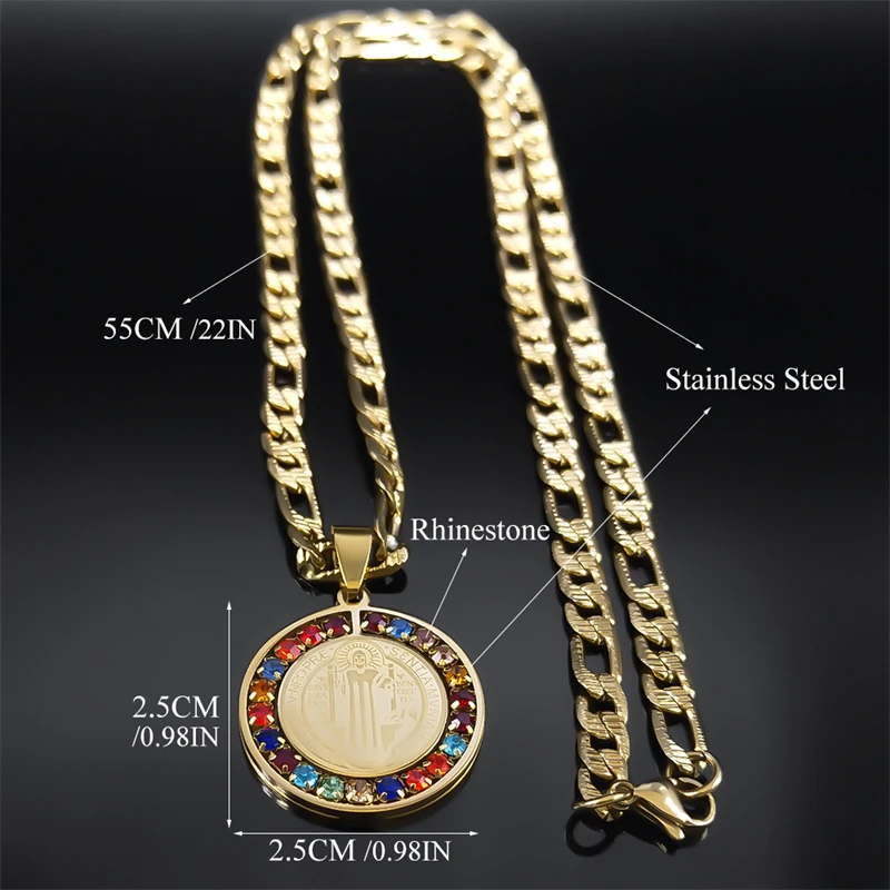 Colorful Crystal Saint Benedict Medal Necklace Women Men Stainless Steel Gold Color Chain Necklaces Jewelry San Benito N8391S05