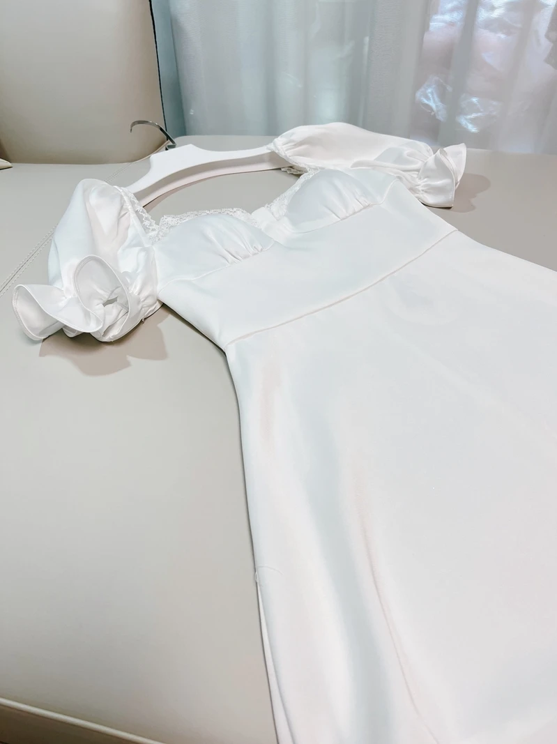 ชุดเดรสผ้าซาตินสีขาว Pure Desire คอเหลี่ยม แขนพอง กระโปรงทรงเอ สไตล์เรโทร สำหรับสาวๆ ฤดูร้อน