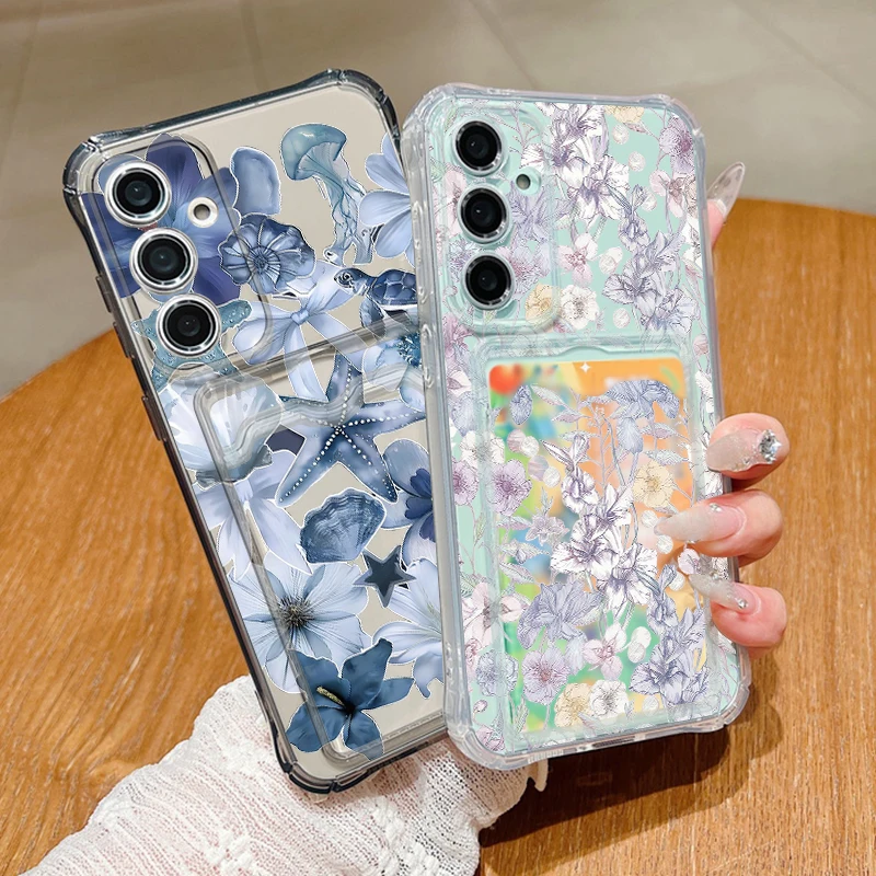 Flower Pattern Transparent Case For Samsung Galaxy A57 A37 A17 A56 A16 A55 A36 A26 A15 A54 A53 Clear Card Bag Wallet Phone Cover