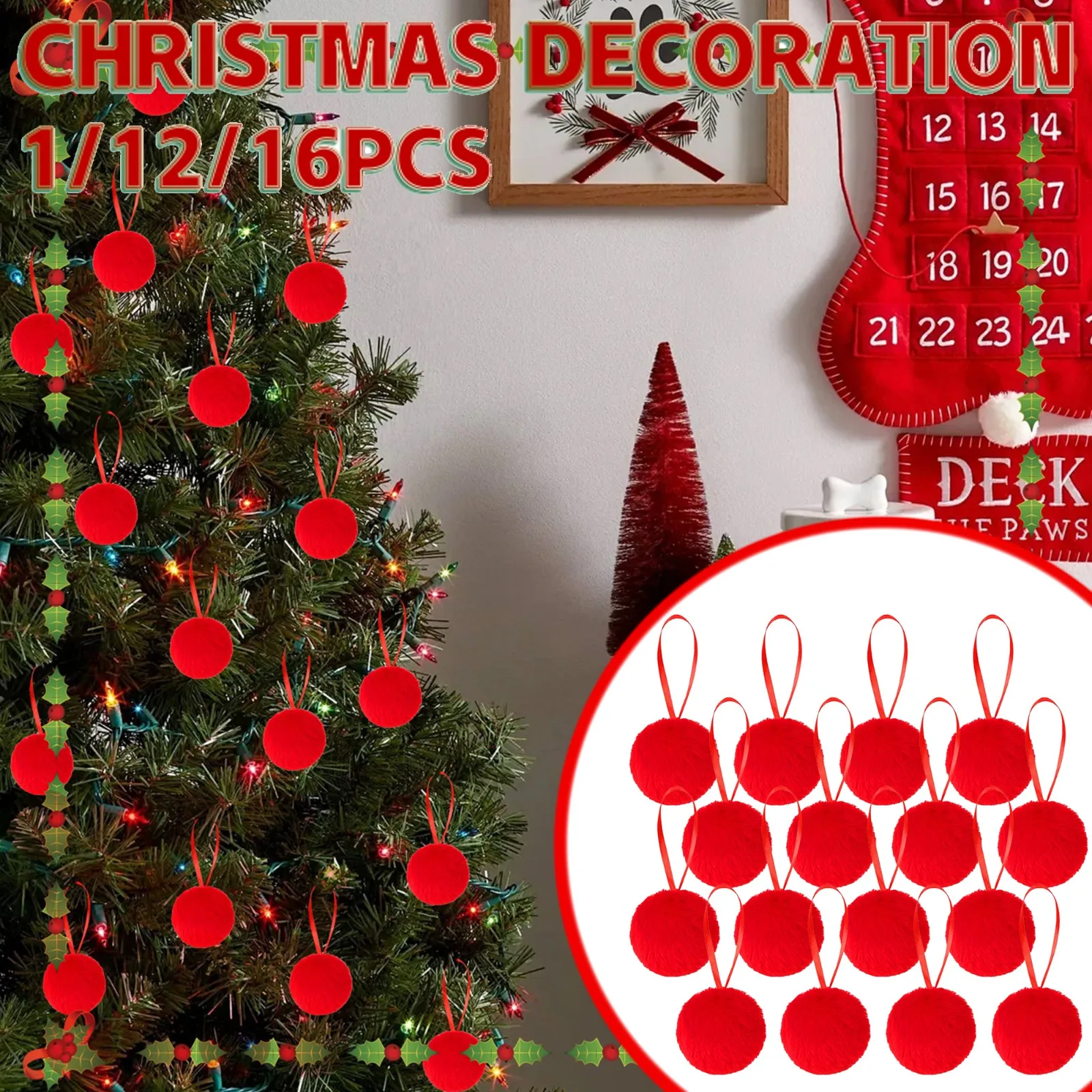 1/12/16Pcs Christmas Multiple Types Ball Decor Pendants Christmas Trees Bow Hearts Plush Balls Hanging Ornaments Home Xmas Decor