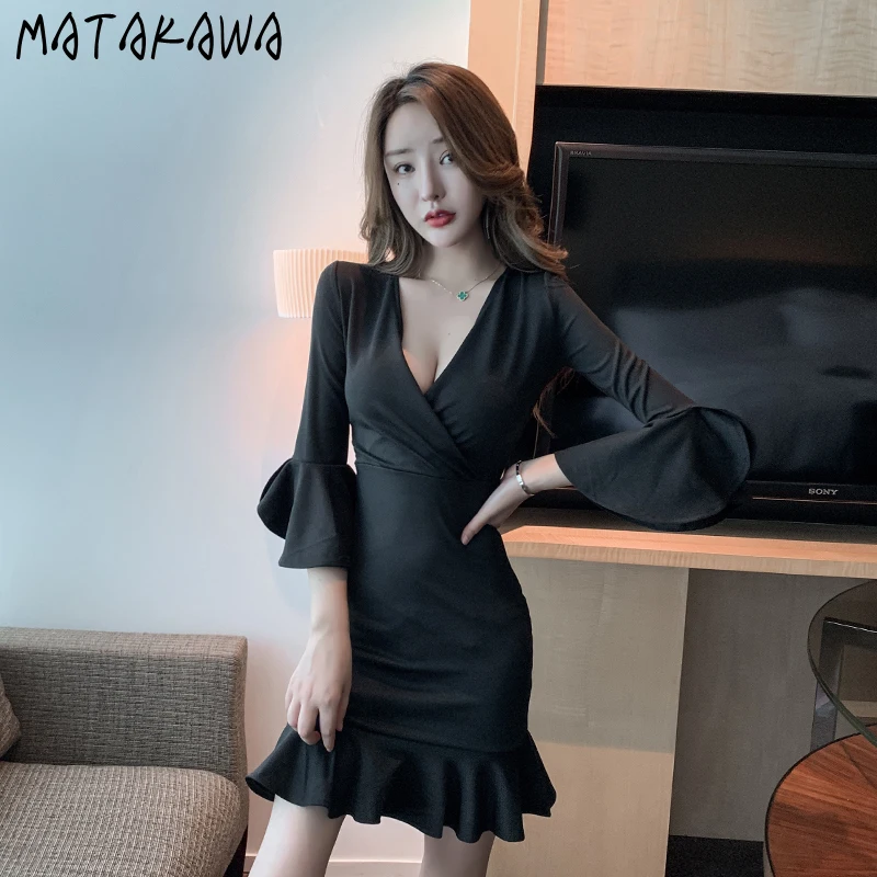 Women's Dress Spring 2022 Korean Fashion V Neck Flare Sleeve High Waist Slim Elegant Dresses Ruffles Patchwork Vestidos Mujer